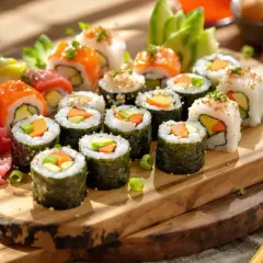 Kolorowe rolki sushi na drewnianej desce, z dodatkami. Czy dzieci mogą jeść sushi? Tak, jeśli wybierzemy łagodne składniki, jak te z warzywami.