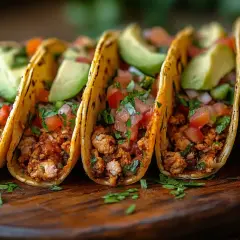 Pyszne danie meksykańskie: tacos z mielonym mięsem, pomidorami, awokado i kolendrą na drewnianej desce.