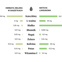 Porównanie składników odżywczych: zielona herbata w saszetkach vs. matcha luksusowa. Zobacz, która ma więcej białka i katechin!
