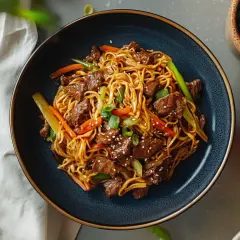 Makaron chow mein z wołowiną i warzywami w misce, obok pałeczek i sosu sojowego.
