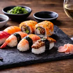 Idealne co pić do sushi to białe wino, które świetnie komponuje się z rybami i ryżem. Na talerzu sushi z łososiem, krewetką i węgorzem.
