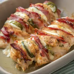 Filet z kurczaka na obiad inaczej: soczyste piersi kurczaka zapiekane z serem, papryczką jalapeño i chrupiącym boczkiem.