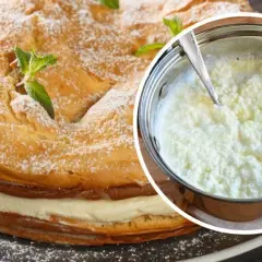 Jak uratować zwarzony krem z mascarpone? Na zdjęciu tort z kremem i garnuszek z masą, która może wymagać ratunku.