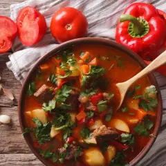 Aksamitna zupa gulaszowa przepis babci. Mięso, ziemniaki, papryka i pomidory w aromatycznym bulionie.