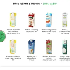 Wybierasz mleko sojowe czy owsiane? Na zdjęciu kartony napojów roślinnych: owsianych, migdałowych, ryżowych i sojowych.