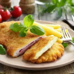 Złocisty kotlet po szwajcarsku, nadziewany serem i szynką, podany z makaronem penne i pomidorkami koktajlowymi.