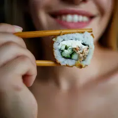 Uśmiechnięta kobieta trzyma pałeczkami sushi, zastanawiając się, czy można jeść sushi karmiąc piersią.