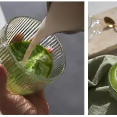 Dwie częściowe klatki: nalewanie mleka do zielonego napoju w szklance i gotowa matcha z latte art.
