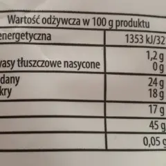 Tabela wartości odżywczych dla produktu: energia, tłuszcz, węglowodany, błonnik, białko, sól.