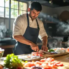 Szef kuchni kroi rybę, przygotowując się do zostania sushi masterem. Na stole ryż, warzywa i świeże składniki.