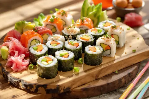 Kolorowe rolki sushi na drewnianej desce, z dodatkami. Czy dzieci mogą jeść sushi? Tak, jeśli wybierzemy łagodne składniki, jak te z warzywami.