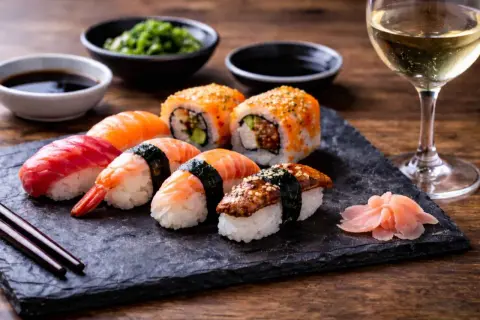 Idealne co pić do sushi to białe wino, które świetnie komponuje się z rybami i ryżem. Na talerzu sushi z łososiem, krewetką i węgorzem.