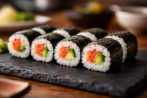 Roladki sushi z łososiem i awokado na czarnej desce.