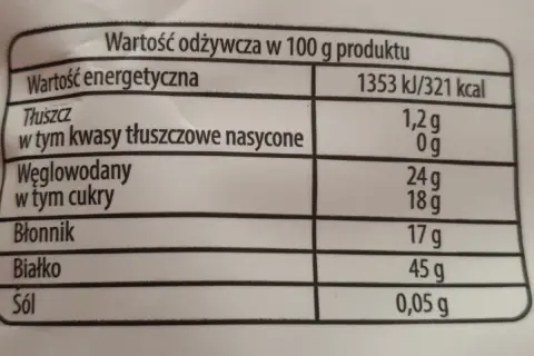 Tabela wartości odżywczych dla produktu: energia, tłuszcz, węglowodany, błonnik, białko, sól.