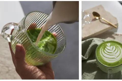 Jak pić matcha latte: nalewanie mleka do zielonego napoju i gotowy napój z pianką.