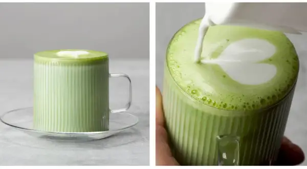 Zielone matcha latte z pianką w kształcie serca. Dowiedz się, jak pić matcha, by cieszyć się jej smakiem i wyglądem.