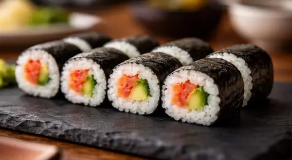 Roladki sushi z łososiem i awokado na czarnej desce.