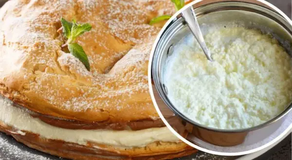 Jak uratować zwarzony krem z mascarpone? Na zdjęciu tort z kremem i garnuszek z masą, która może wymagać ratunku.