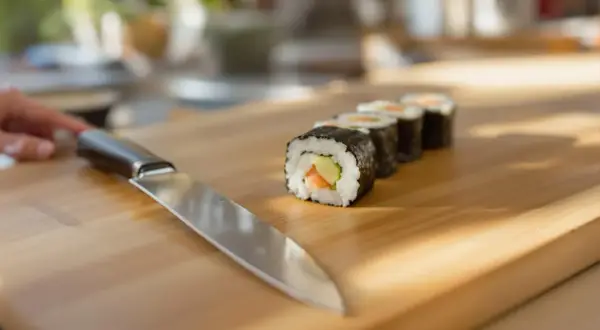 Nóż i gotowe rolki sushi na desce. Dowiedz się, jak kroić ogórka do sushi, by uzyskać idealne kawałki.