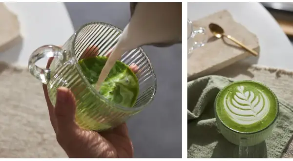Jak pić matcha latte: nalewanie mleka do zielonego napoju i gotowy napój z pianką.