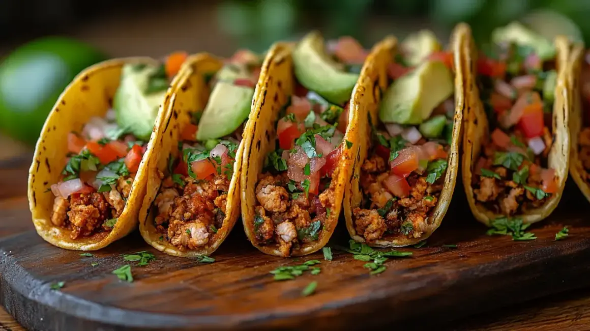 Pyszne danie meksykańskie: tacos z mielonym mięsem, pomidorami, awokado i kolendrą na drewnianej desce.