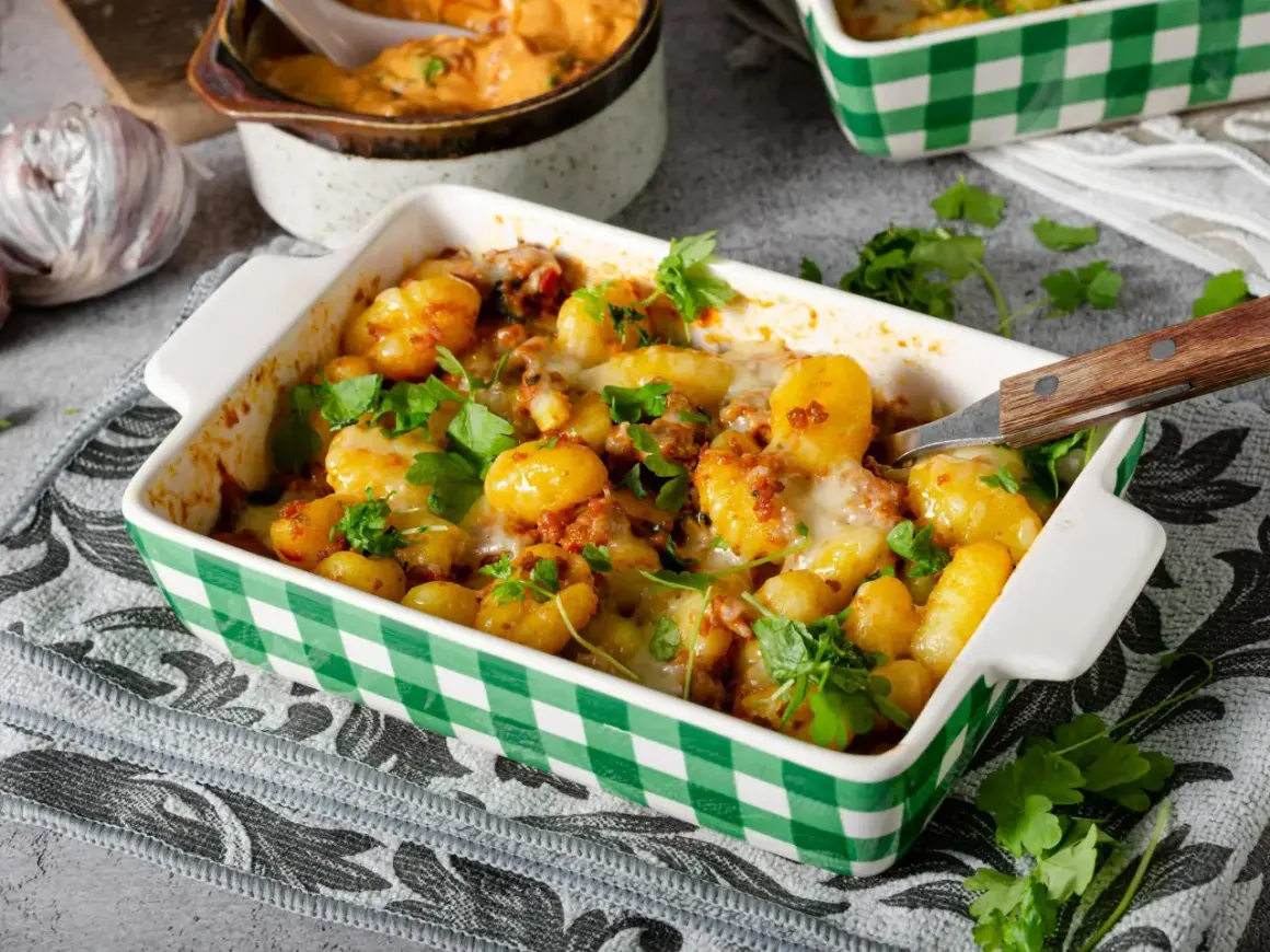 Zapiekane gnocchi z mięsem mielonym i serem, idealne jako gnocchi przepis z czym podawać. Posypane świeżą natką pietruszki.