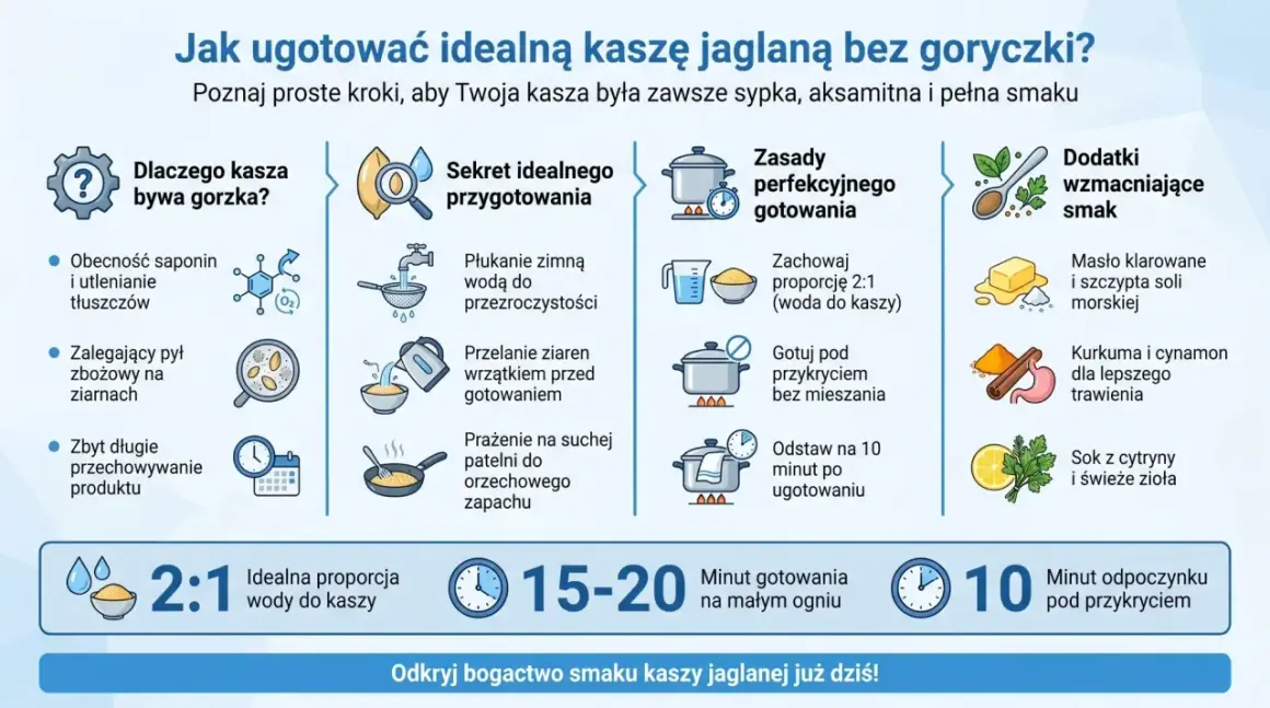 Jak ugotować idealną kaszę jaglaną bez goryczki? Proste kroki: płukanie, wrzątek, prażenie, proporcja 2:1 wody do kaszy, gotowanie pod przykryciem, odpoczynek.