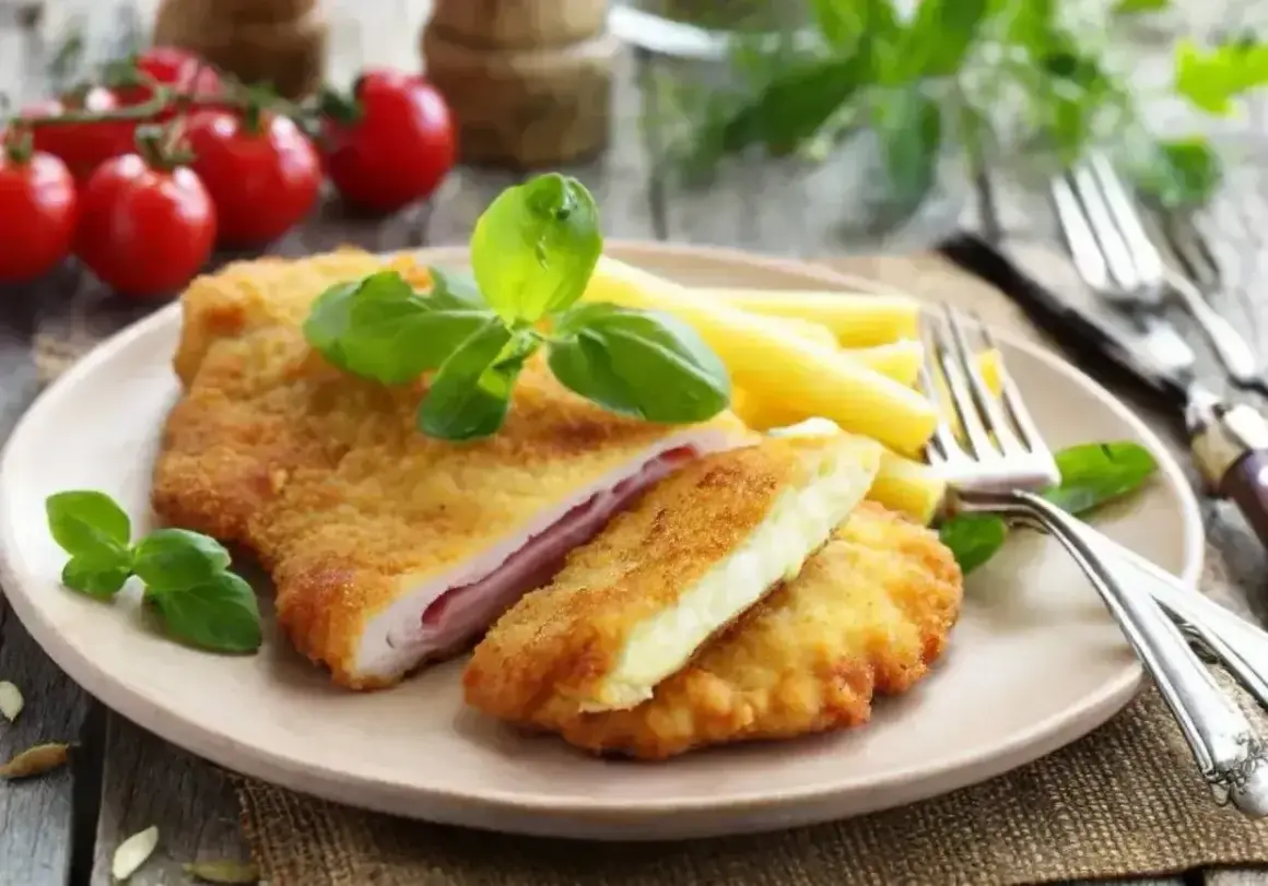 Złocisty kotlet po szwajcarsku, nadziewany serem i szynką, podany z makaronem penne i pomidorkami koktajlowymi.