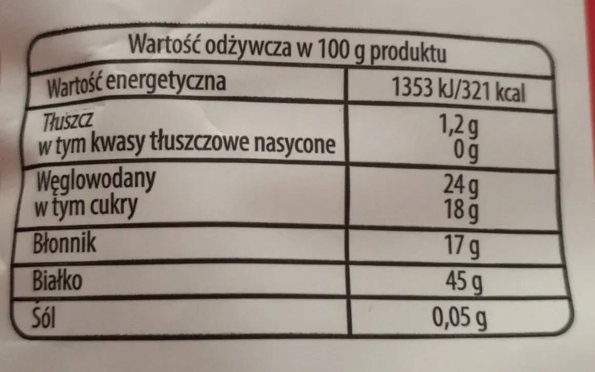 Tabela wartości odżywczych dla produktu: energia, tłuszcz, węglowodany, błonnik, białko, sól.