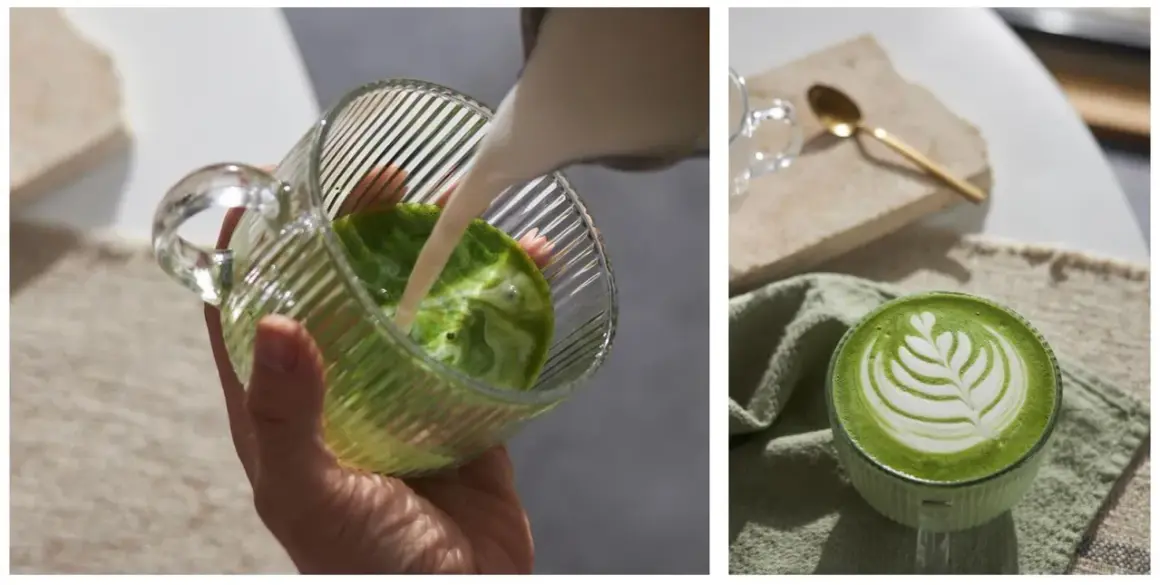 Jak pić matcha latte: nalewanie mleka do zielonego napoju i gotowy napój z pianką.