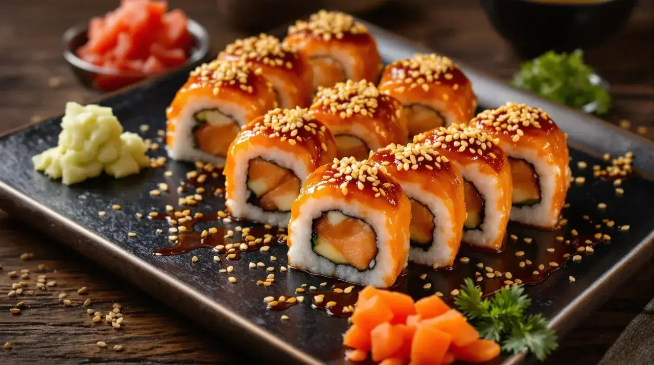 Roladki sushi z łososiem, ogórkiem i sezamem, polane sosem. Idealne, gdy zastanawiasz się, jak upiec łososia do sushi.