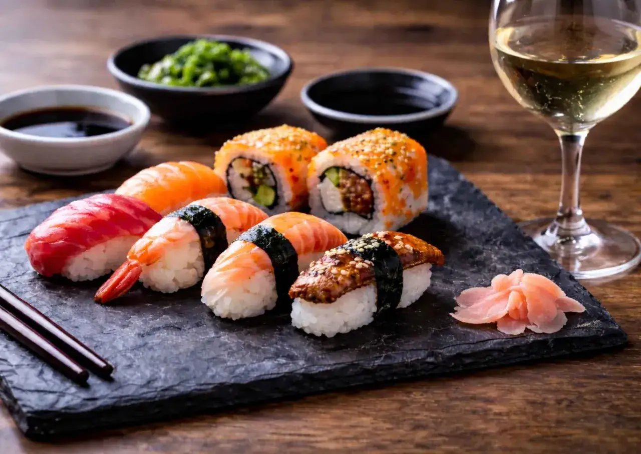 Idealne co pić do sushi to białe wino, które doskonale podkreśla smak ryb i owoców morza. Na talerzu różnorodne sushi i rolki.