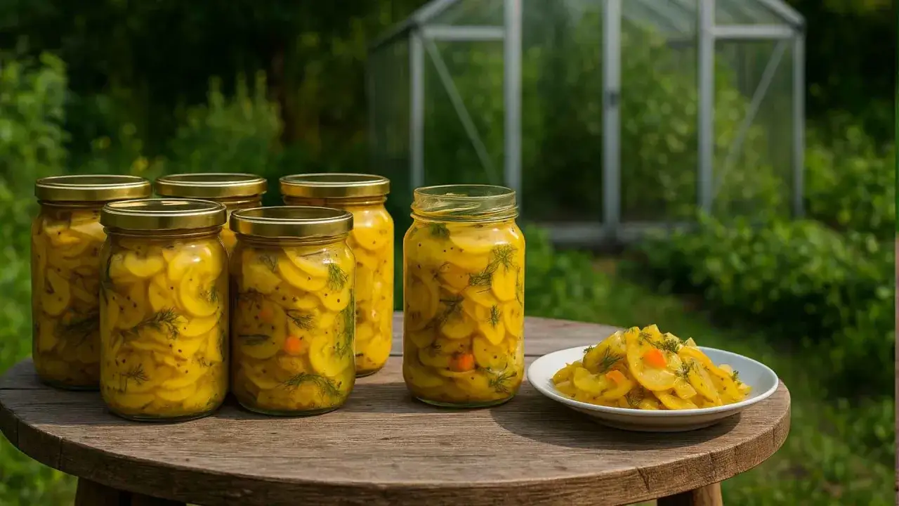 Sześć słoików i talerz pełne pysznej cukinii marynowanej po francusku, gotowe do degustacji w ogrodzie.