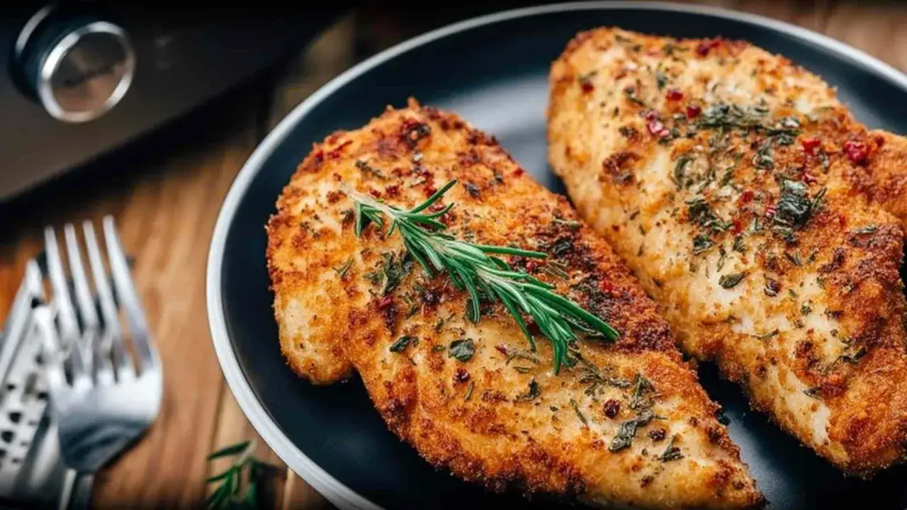 Dwa soczyste piersi z kurczaka air fryer na talerzu, posypane ziołami i rozmarynem.