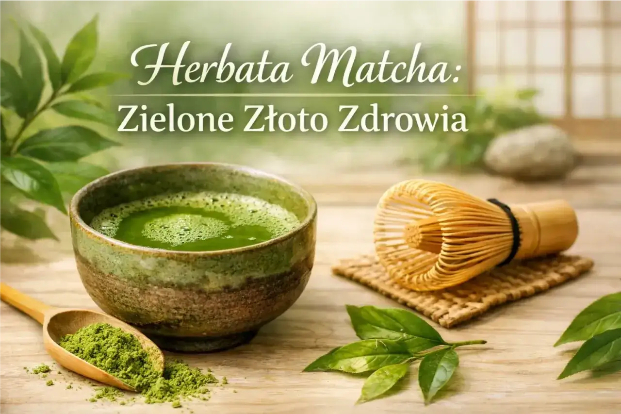 Zielone złoto zdrowia: miseczka z pianistą matchą, obok bambusowa miotełka i łyżka z proszkiem.