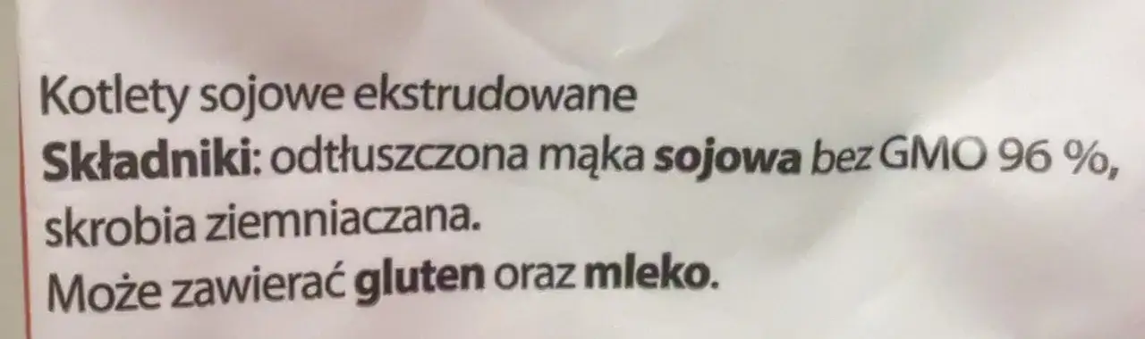 Kotlety sojowe ekstrudowane, składniki: odtłuszczona mąka sojowa bez GMO 96%, skrobia ziemniaczana. Czy kotlety sojowe z paczki są zdrowe? Mogą zawierać gluten i mleko.
