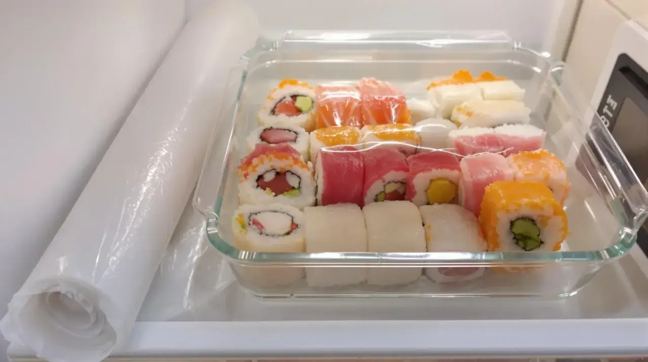 R&oacute;żnorodne sushi w szklanym pojemniku, obok folia spożywcza. Zastanawiasz się, czy sushi można zamrozic?