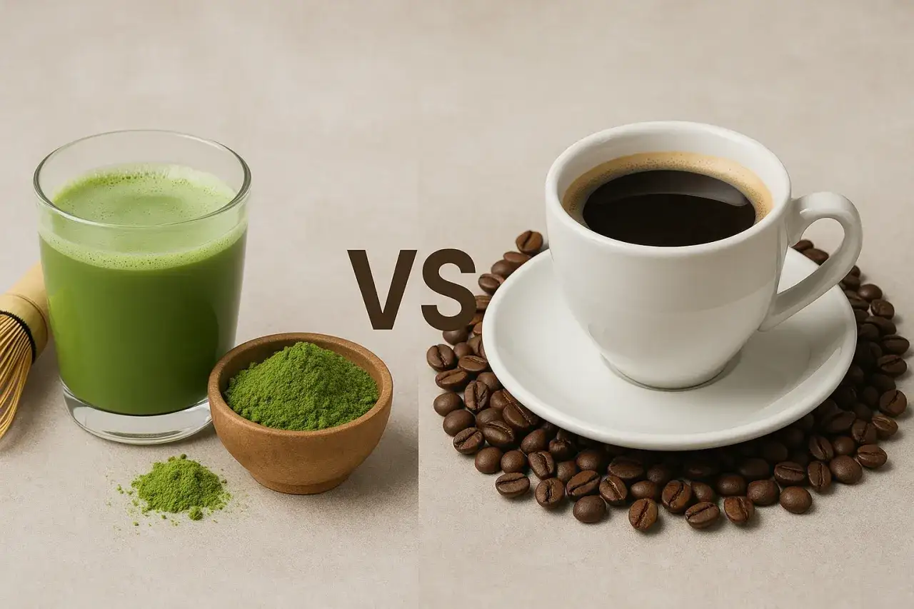 Zielone matcha vs. czarna kawa. Czy matcha to kawa? Obok szklanki zielonego napoju i miseczki proszku matcha leży filiżanka kawy z ziarnami.