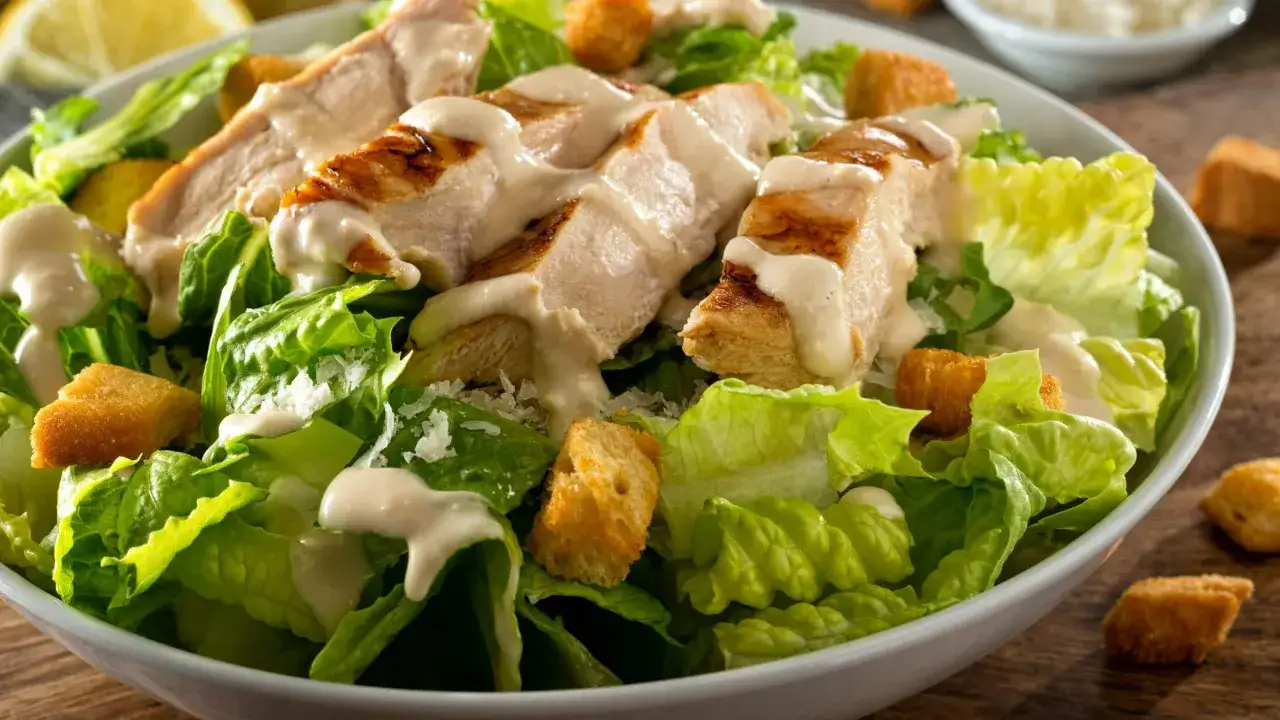 Sałatka cezar z grillowanym kurczakiem, chrupiącymi grzankami i parmezanem. Idealna inspiracja, jak zrobić sałatkę cezar.