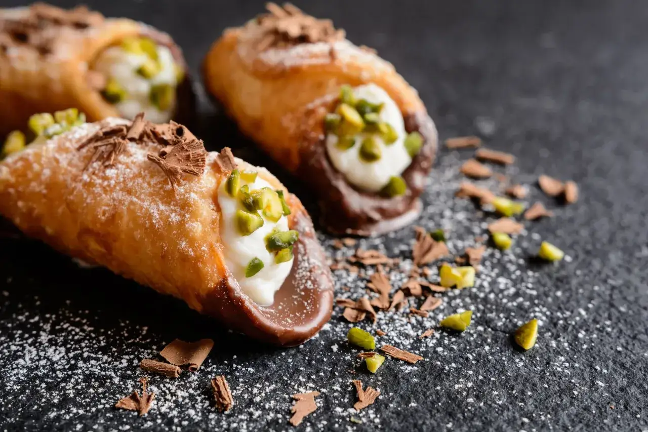 Pyszne cannoli, idealne na deser. Ten przepis na cannoli zachwyci każdego! Posypane cukrem pudrem, czekoladą i pistacjami.