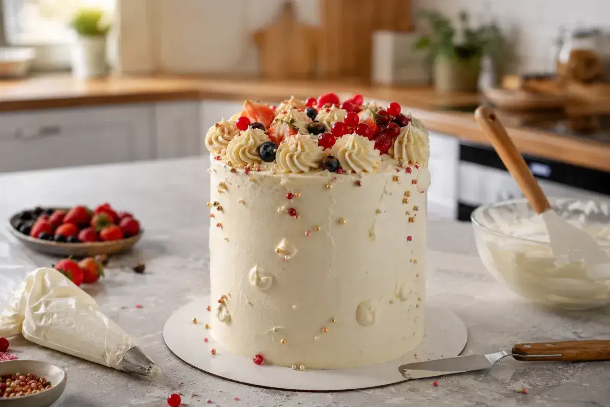 Elegancki tort udekorowany kremem, owocami i złotymi perełkami. Obok stoi rękaw cukierniczy z kremem, gotowy do dalszego dekorowania.