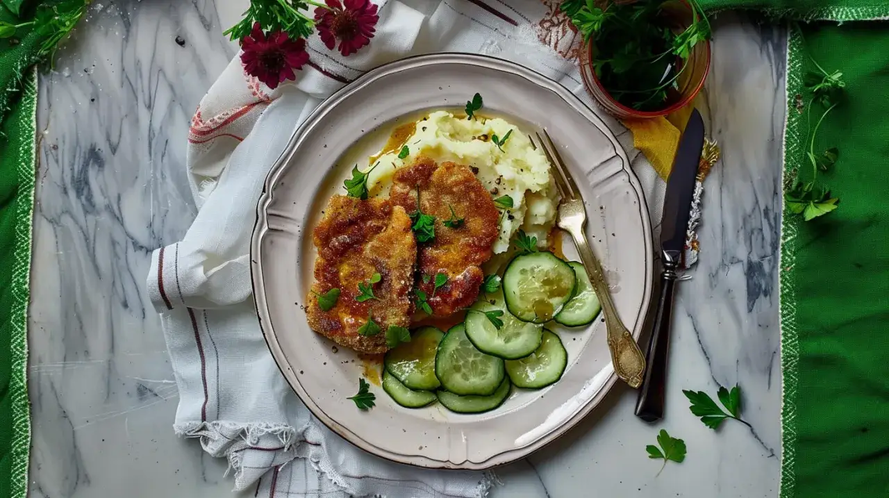 Dwa kotlety sojowe Sante z puree ziemniaczanym i ogórkiem. Czy kotlety sojowe Sante są zdrowe? Wyglądają apetycznie!