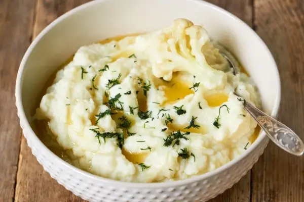 Aksamitne puree z kalafiora, polane masłem i posypane koperkiem, w białej misce na drewnianym tle.