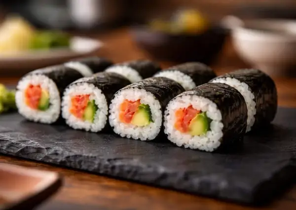 Roladki sushi z łososiem i awokado na czarnej desce.
