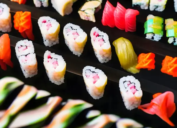 Różnorodne sushi i dodatki ułożone na czarnym tle.