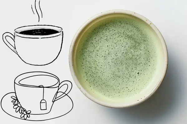Czy matcha to kawa? Obok rysunków filiżanek z herbatą i kawą, znajduje się miseczka z zielonym, spienionym napojem.