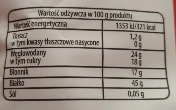 Tabela wartości odżywczych dla produktu: energia, tłuszcz, węglowodany, błonnik, białko, sól.