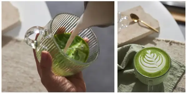 Jak pić matcha latte: nalewanie mleka do zielonego napoju i gotowy napój z pianką.
